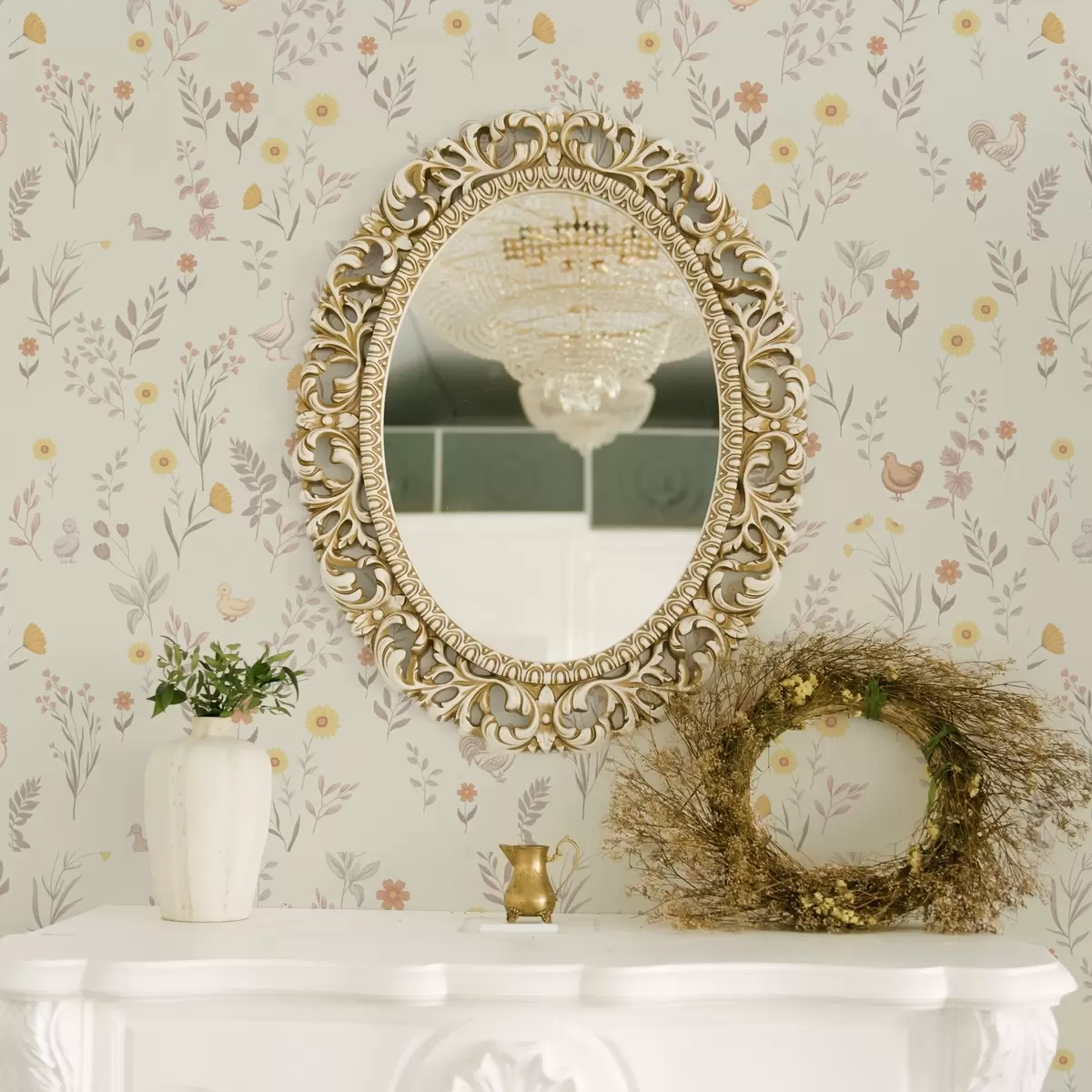 Behang Veldbloemen en kippen in zachte pasteltinten a00478