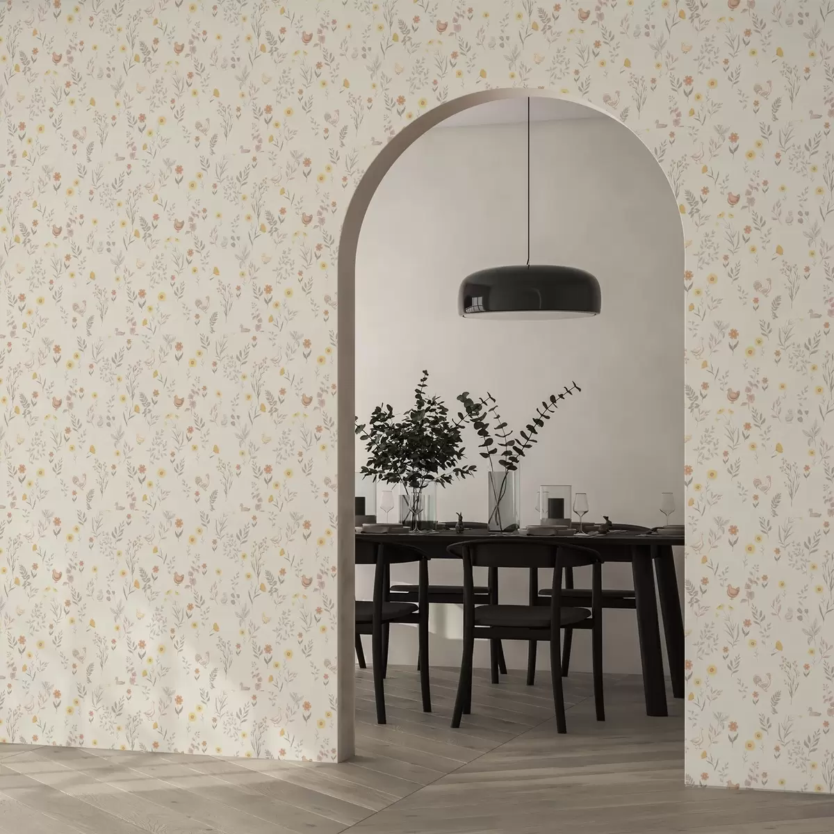 Behang Veldbloemen en kippen in zachte pasteltinten a00478