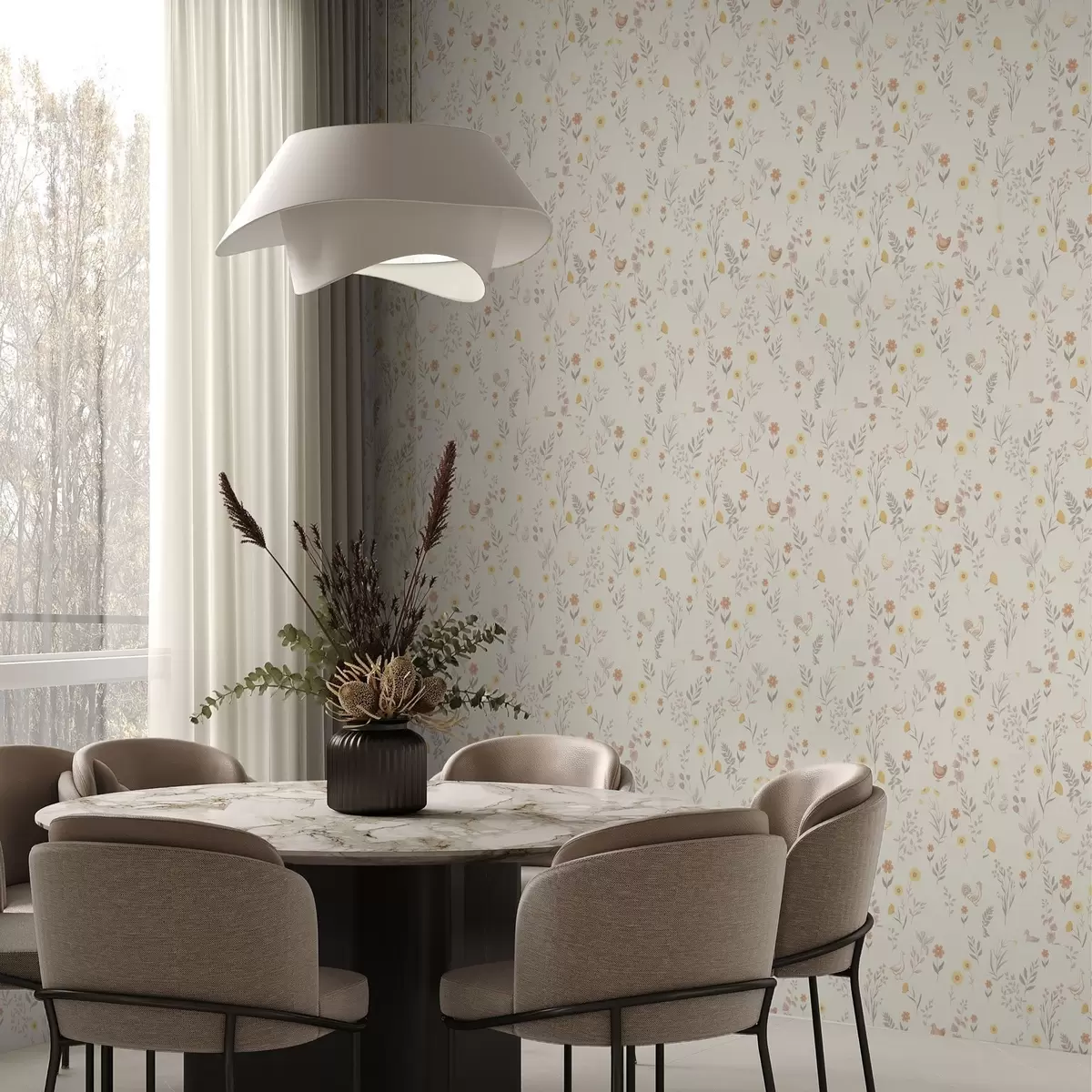 Behang Veldbloemen en kippen in zachte pasteltinten a00478