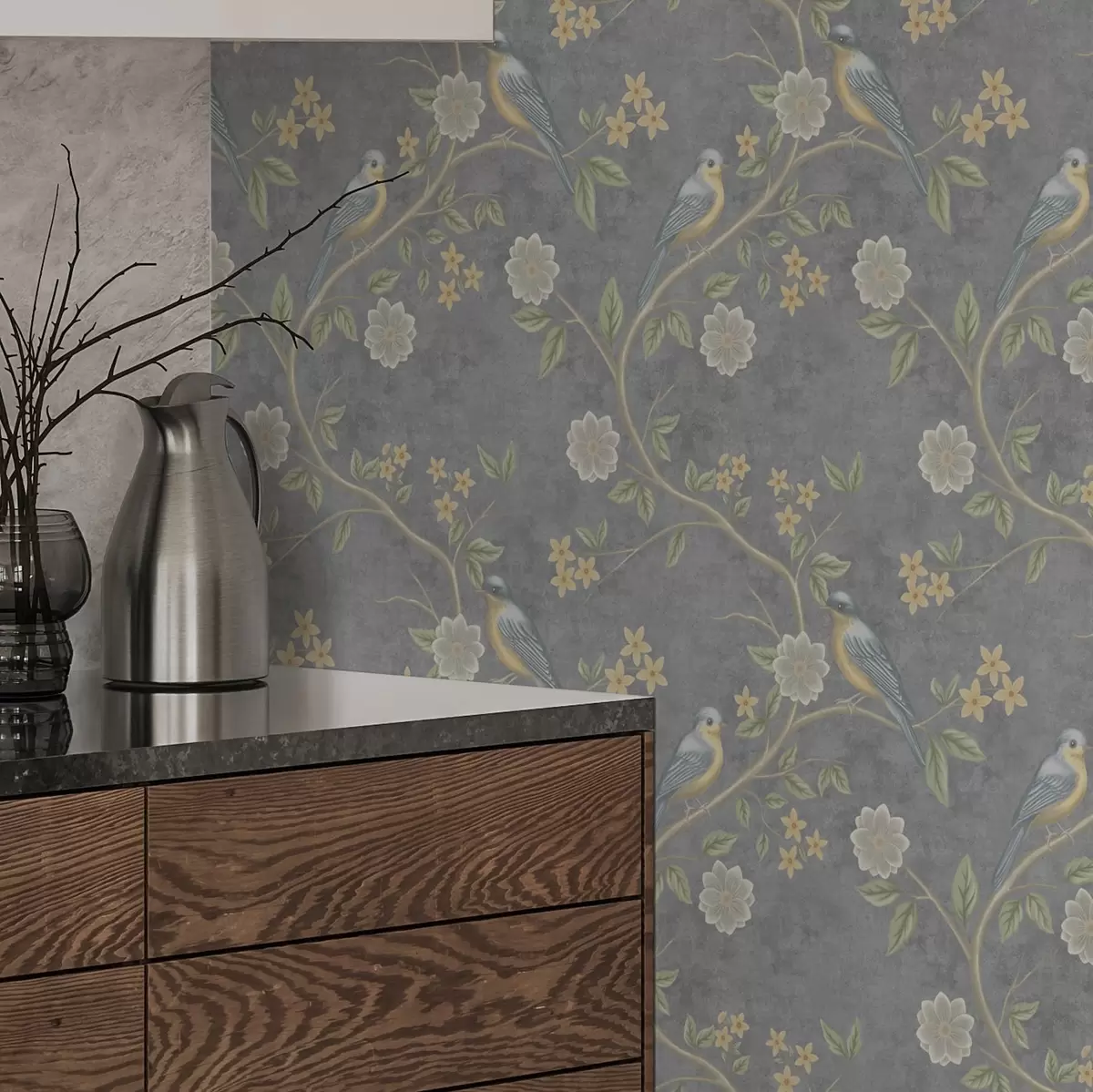 Behang Vogels op takken tussen bloemen op een grijze achtergrond a00483