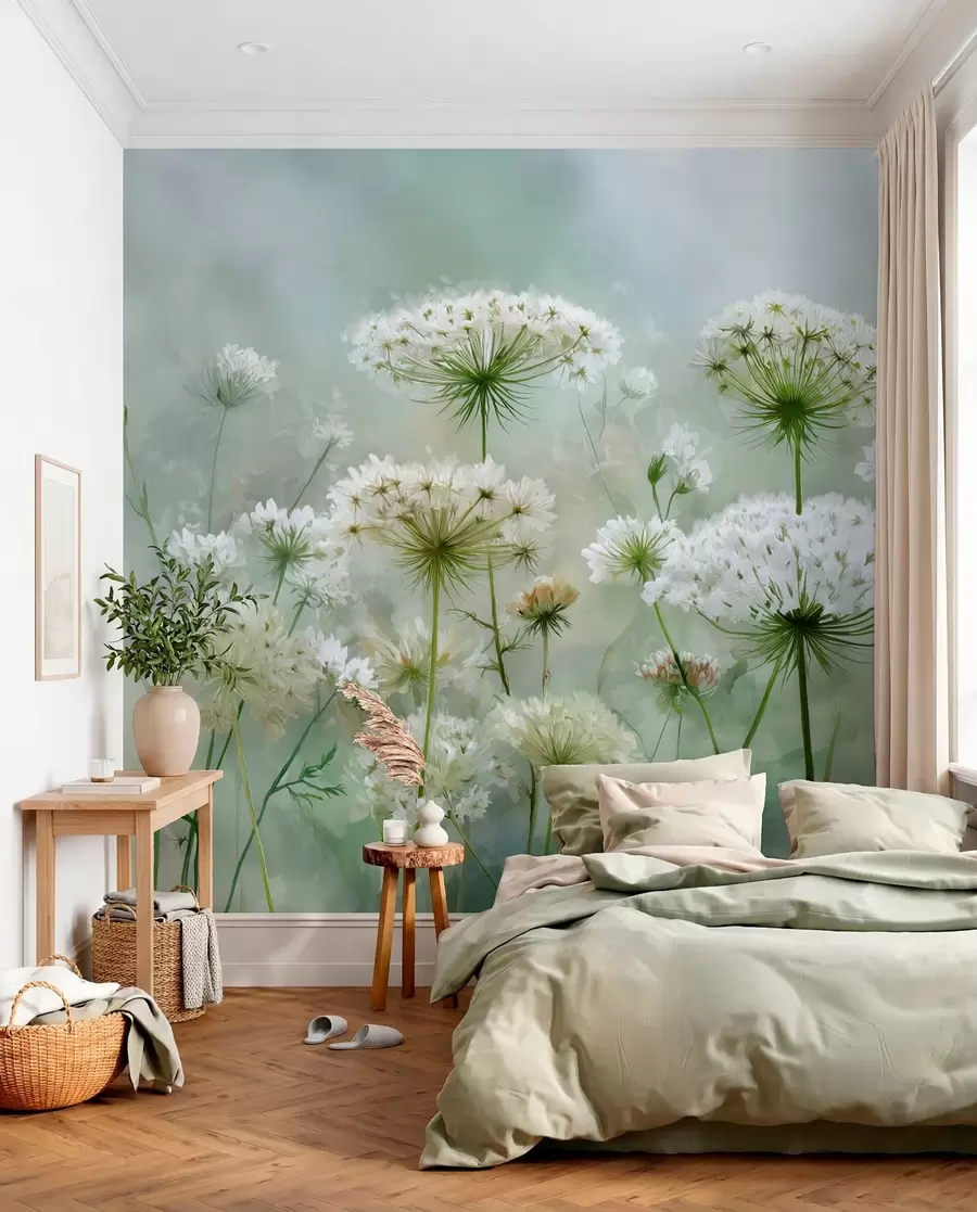 Fotobehang delicate witte wilde bloemen Queen Anne, in een schilderachtige stijl, groene tinten w04313