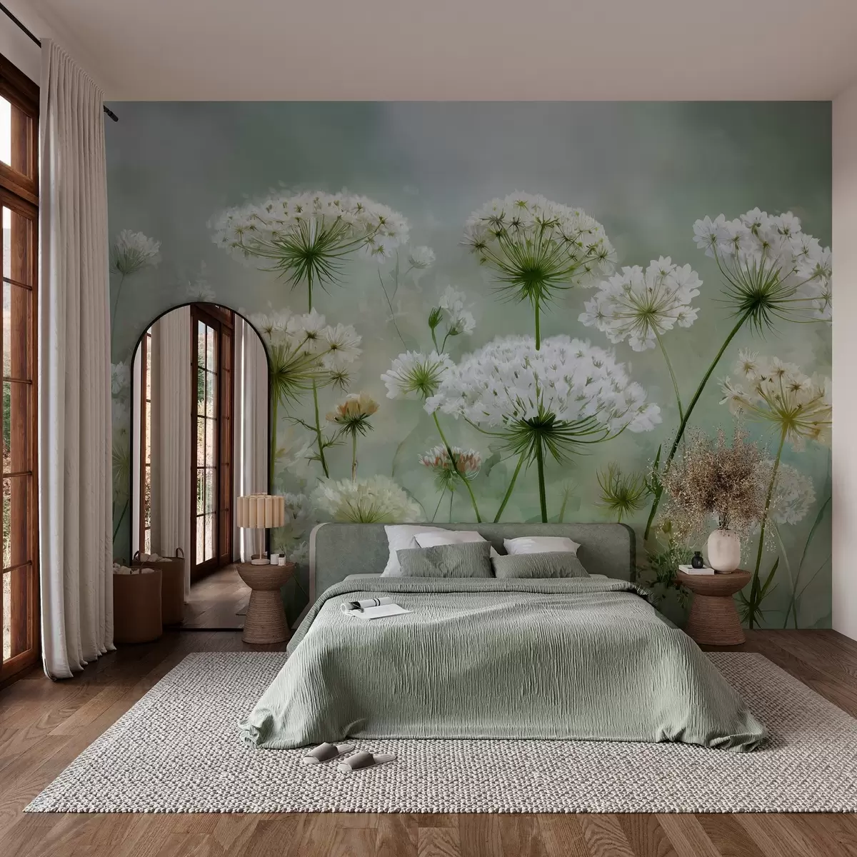 Fotobehang delicate witte wilde bloemen Queen Anne, in een schilderachtige stijl, groene tinten w04313