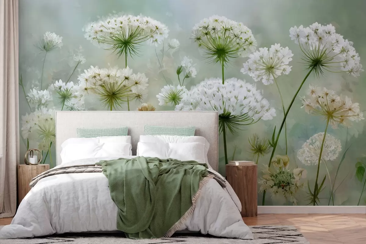Fotobehang delicate witte wilde bloemen Queen Anne, in een schilderachtige stijl, groene tinten w04313