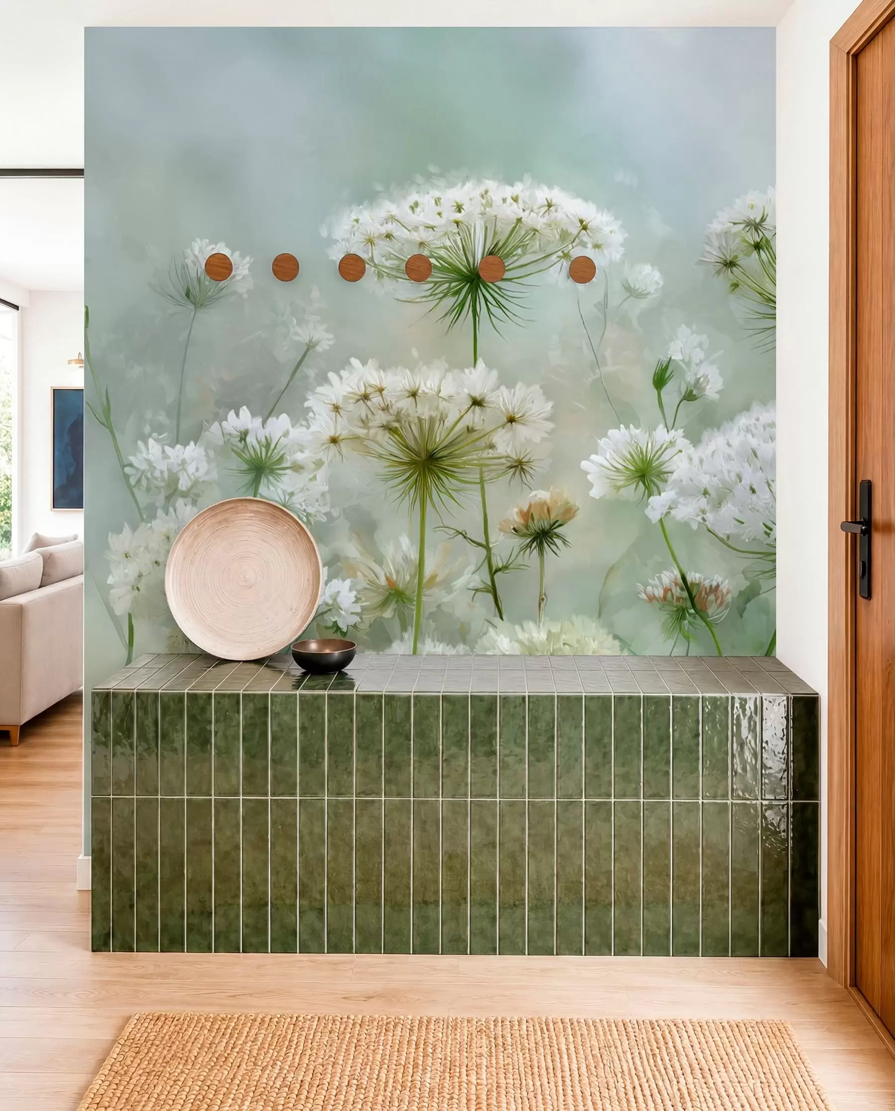 Fotobehang delicate witte wilde bloemen Queen Anne, in een schilderachtige stijl, groene tinten w04313
