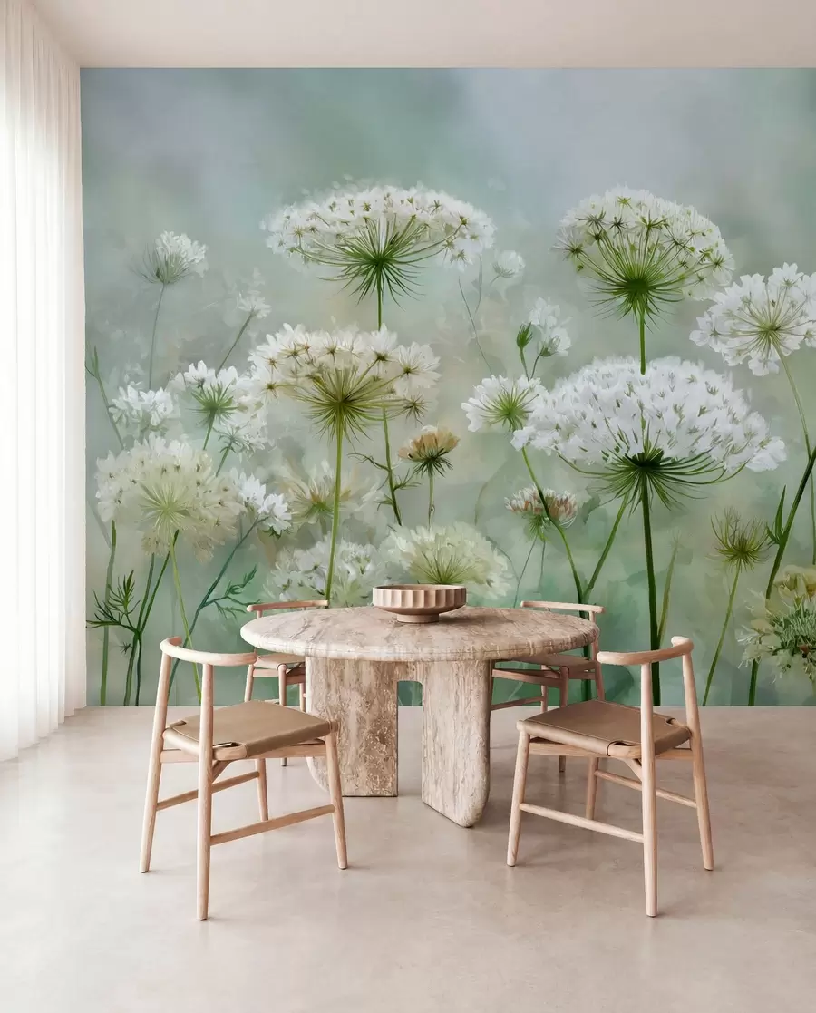 Fotobehang delicate witte wilde bloemen Queen Anne, in een schilderachtige stijl, groene tinten w04313