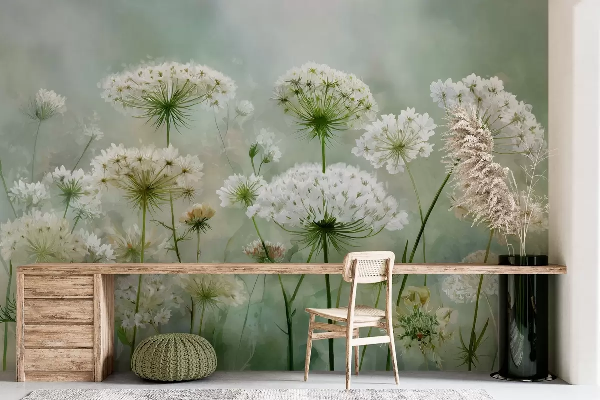 Fotobehang delicate witte wilde bloemen Queen Anne, in een schilderachtige stijl, groene tinten w04313
