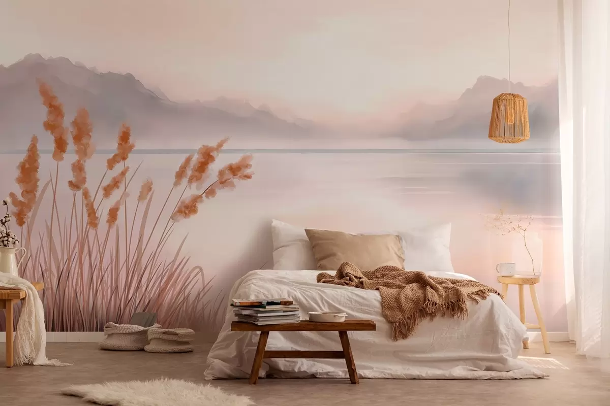 Fotobehang een schilderachtig meer met riet en bergen w04315