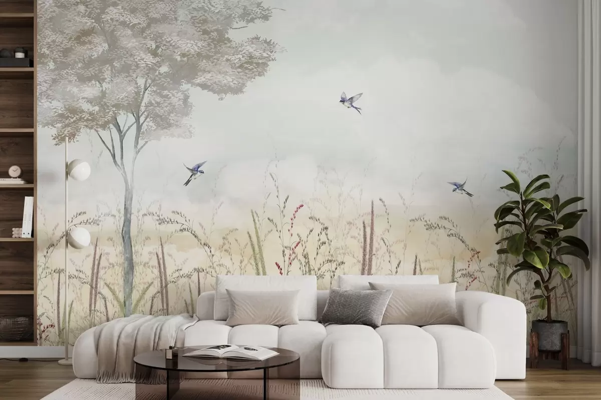 Fotobehang Landschap met boom, vogels en weidegrassen w04350