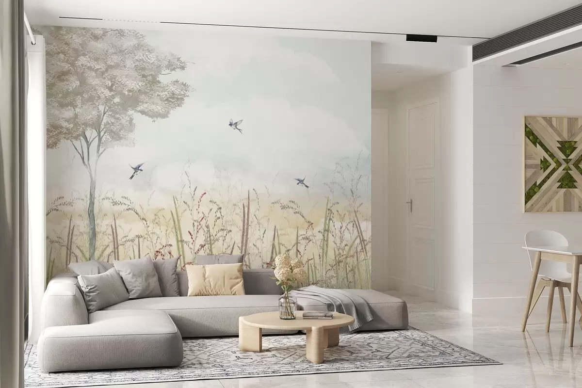 Fotobehang Landschap met boom, vogels en weidegrassen w04350