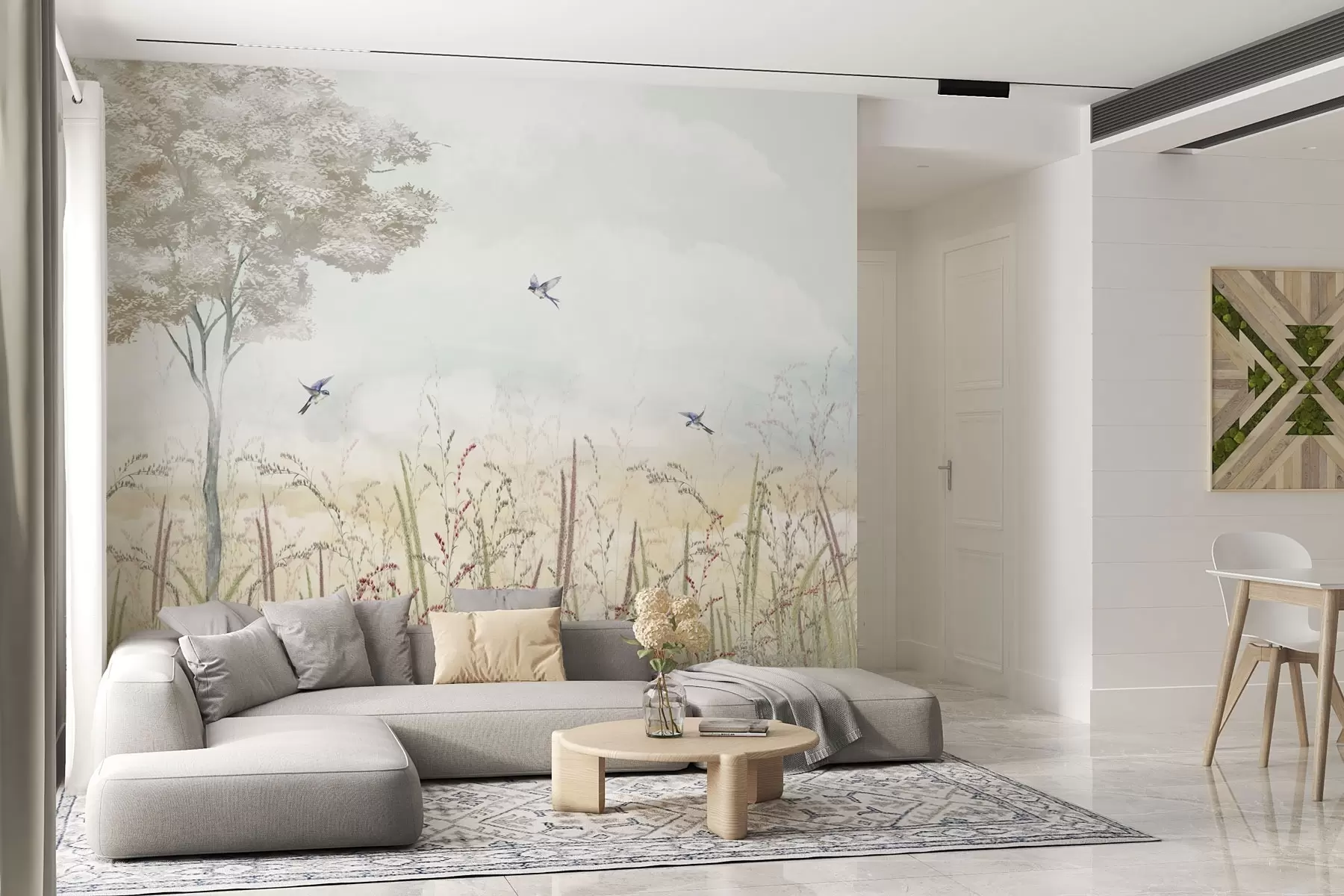 Fotobehang Landschap met boom, vogels en weidegrassen w04350