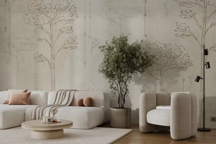 Fotobehang Lineaire silhouetten van bomen in minimalistische stijl w04403