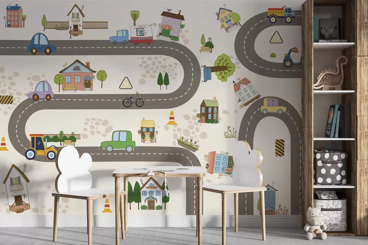 Fotobehang Kinderweg met auto's en kleurrijke huizen w04404
