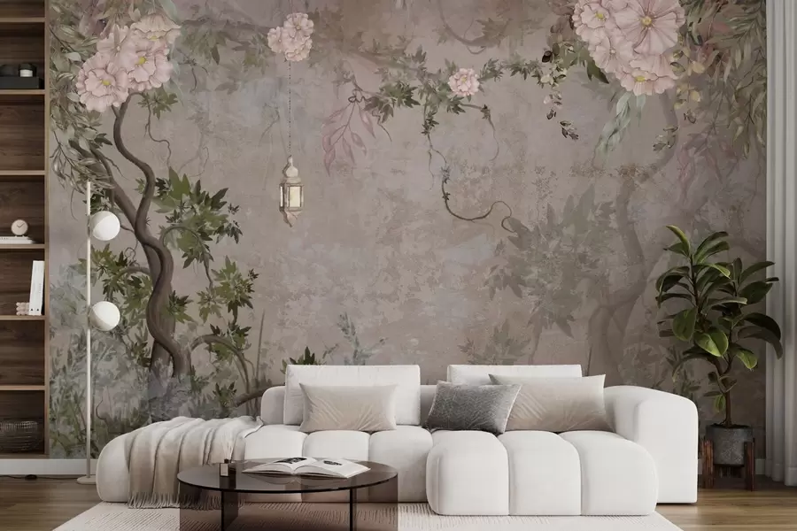 Fotobehang Sprookjestuin met bloemen, bomen en lantaarn w04416