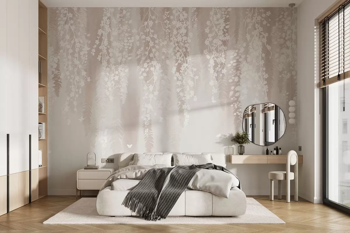 Fotobehang Lichte takken met witte bloemen op een zachte achtergrond w04417