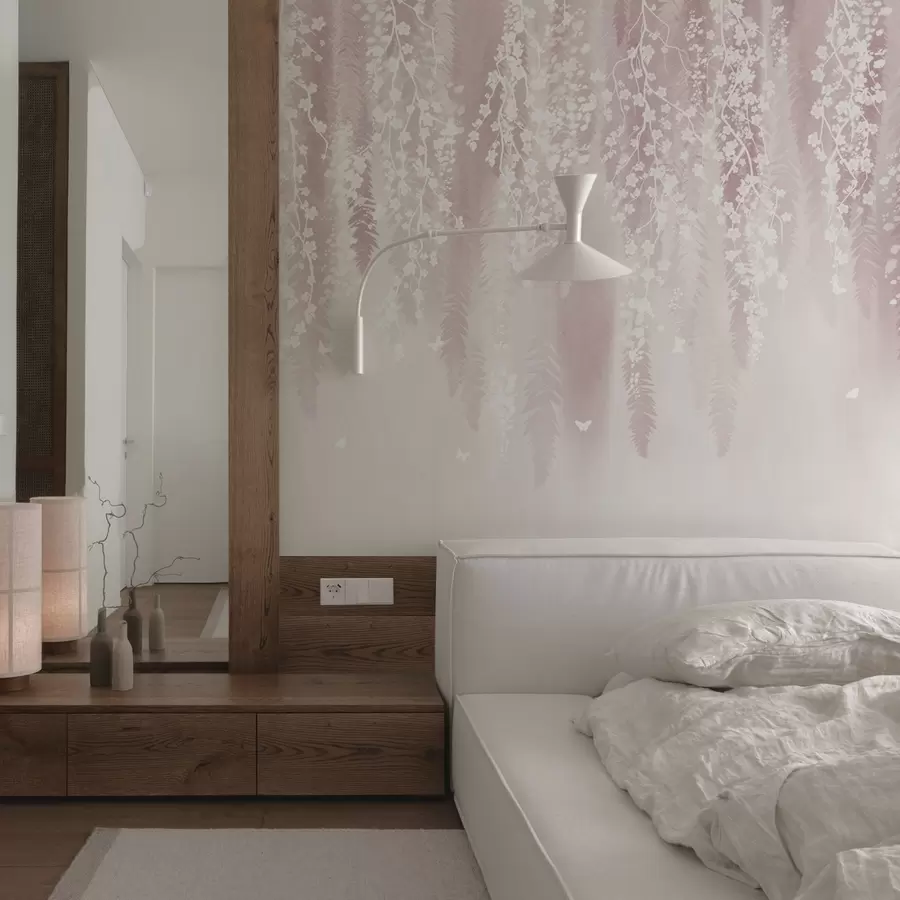 Fotobehang Roze versie van takken met witte bloemen w04417v1