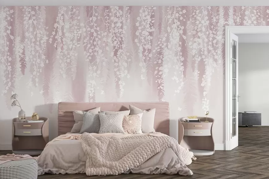 Fotobehang Roze versie van takken met witte bloemen w04417v1