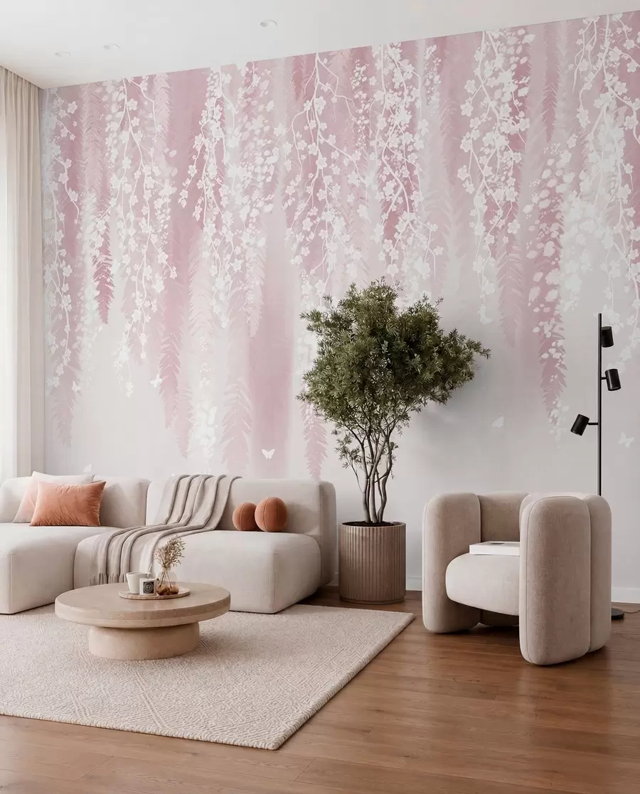 Fotobehang Bloemengordijn op roze w04417v1