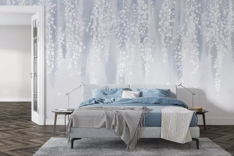 Fotobehang Koele blauwe versie van takken met witte bloemen w04417v2