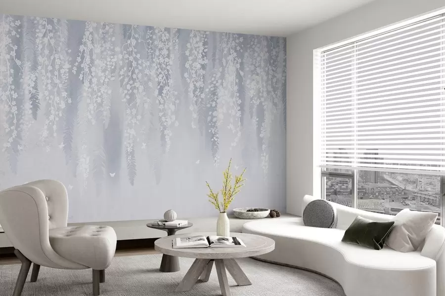 Fotobehang Koele blauwe versie van takken met witte bloemen w04417v2