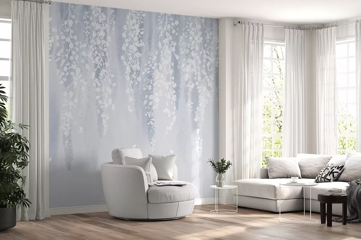 Fotobehang Koele blauwe versie van takken met witte bloemen w04417v2
