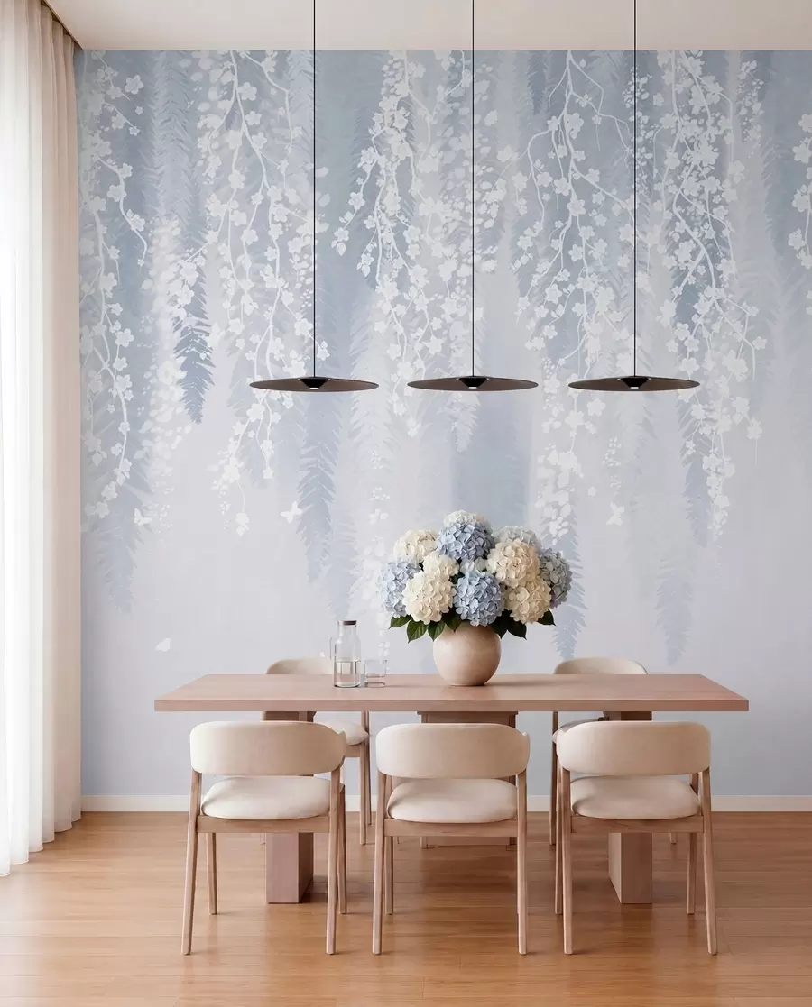 Fotobehang Koele blauwe versie van takken met witte bloemen w04417v2