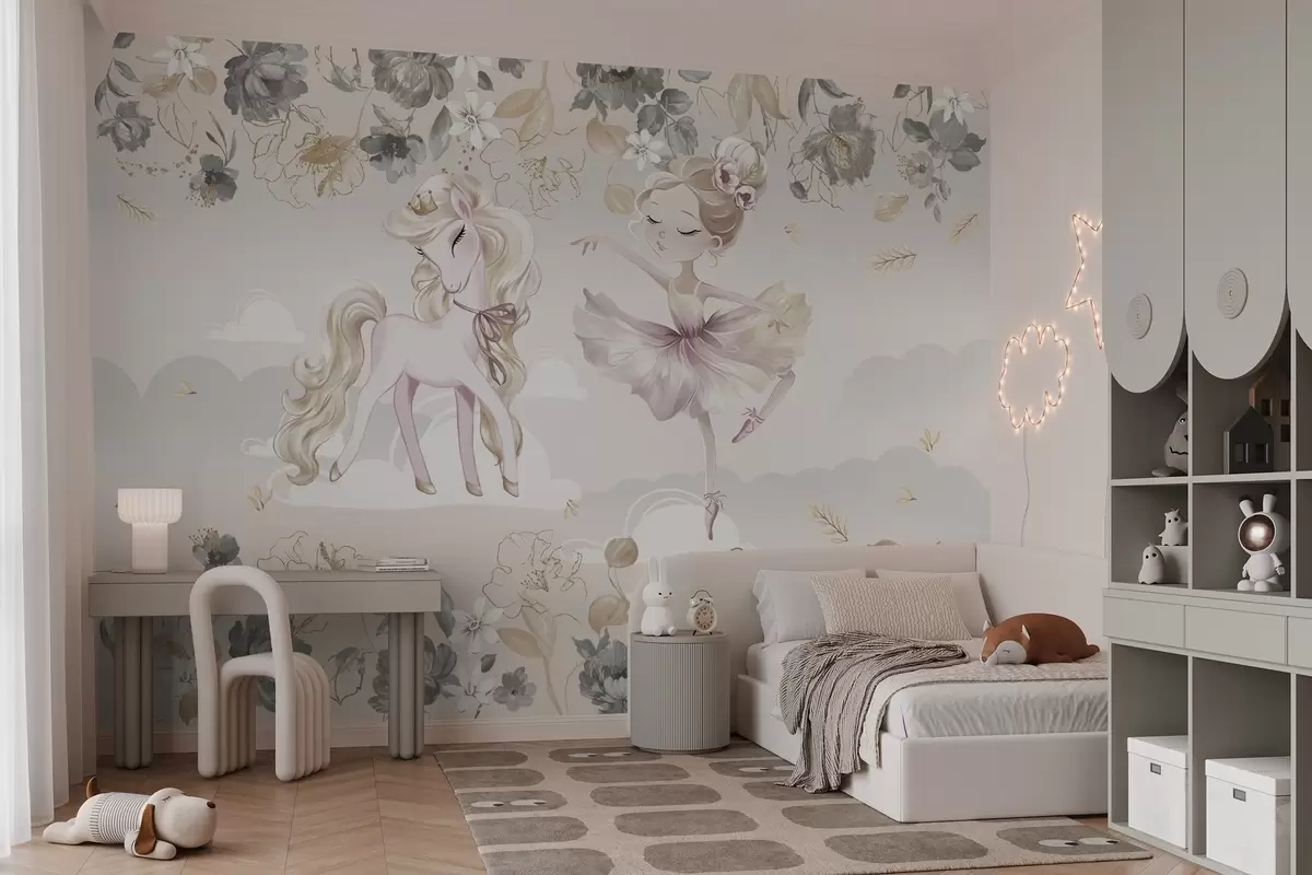Fotobehang Sneeuwwitte pony en ballerina tussen bloemen en wolken w04419