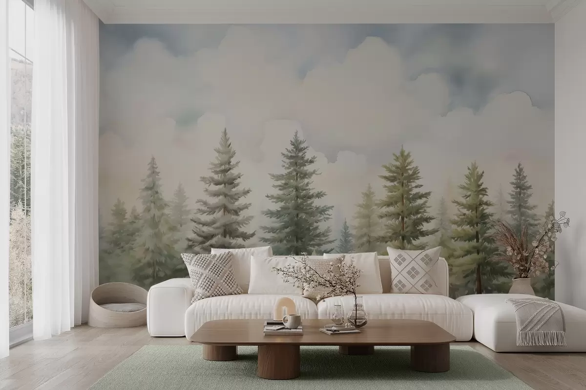 Fotobehang Naaldbos imitatieschilderij w04414