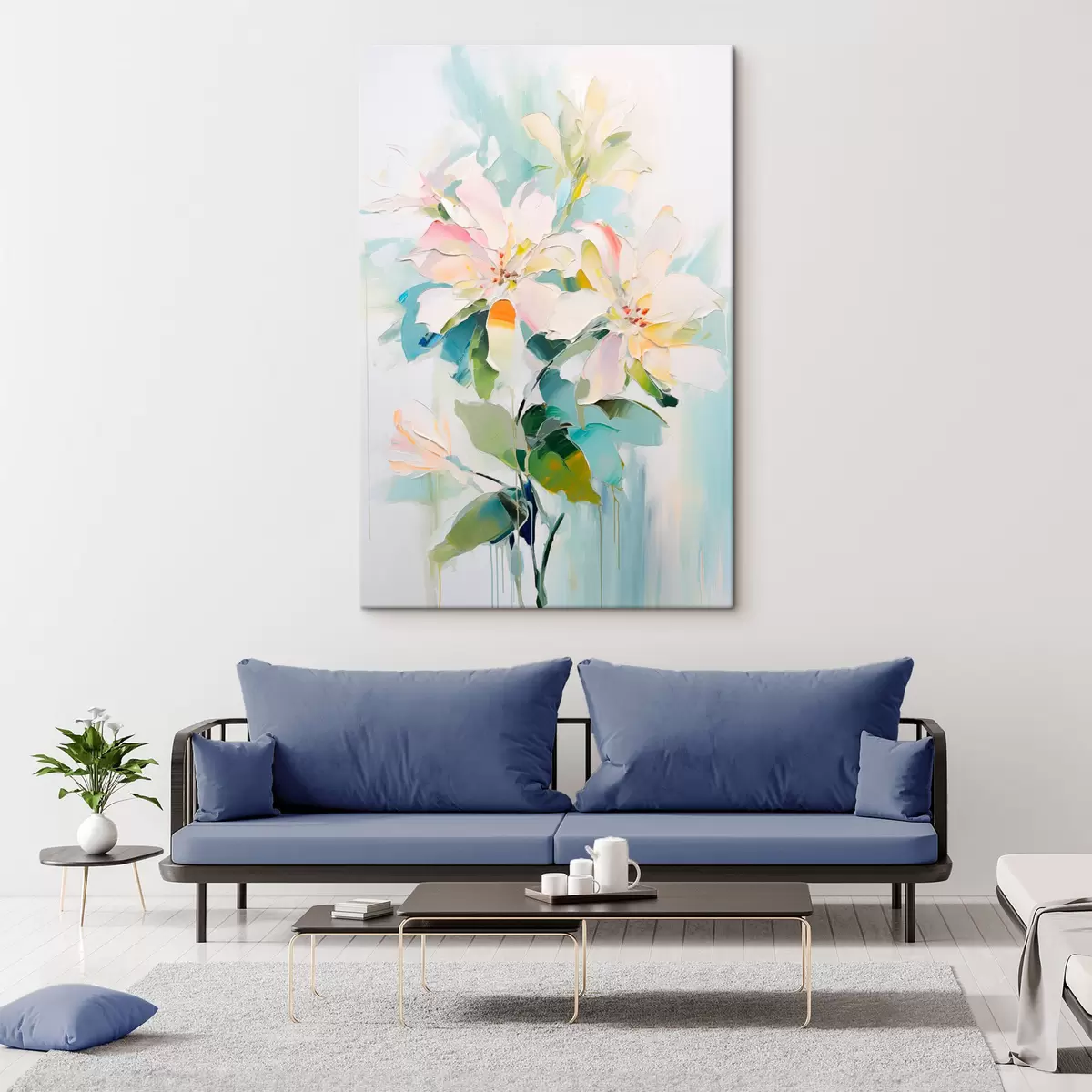  Schilderijen Bloemen met kleurrijke accenten, groene bladeren, zachte penseelstreken olieverf imitatie, lichtblauwe achtergrond s45549
