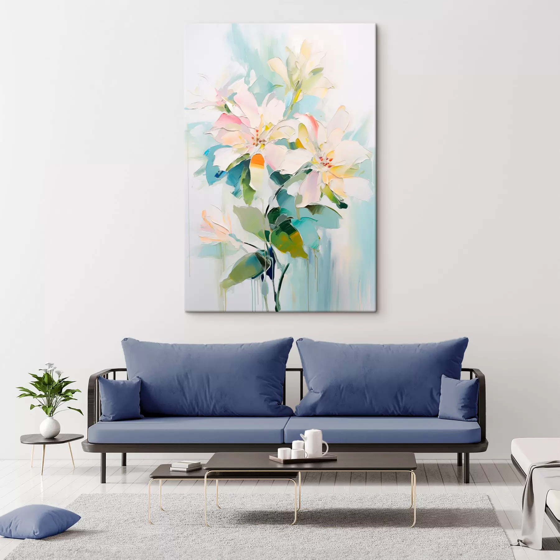  Schilderijen Bloemen met kleurrijke accenten, groene bladeren, zachte penseelstreken olieverf imitatie, lichtblauwe achtergrond s45549