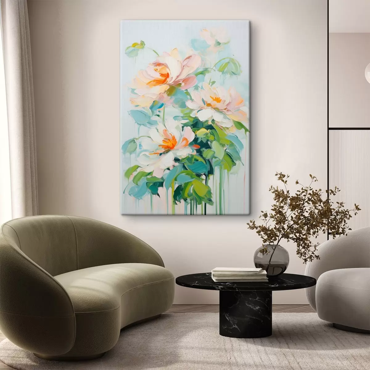  Schilderijen Witte en pastel perzik bloemen, groene bladeren, zachte penseelstreken olieverf imitatie, lichtblauwe achtergrond s45550