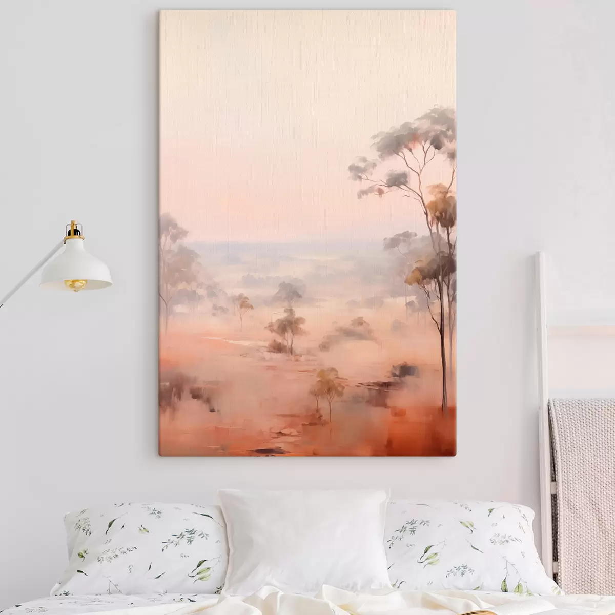  Schilderijen Een landschap met struiken en bomen in pasteltinten roze , oranje en bruin , met bergen op de achtergrond s45554
