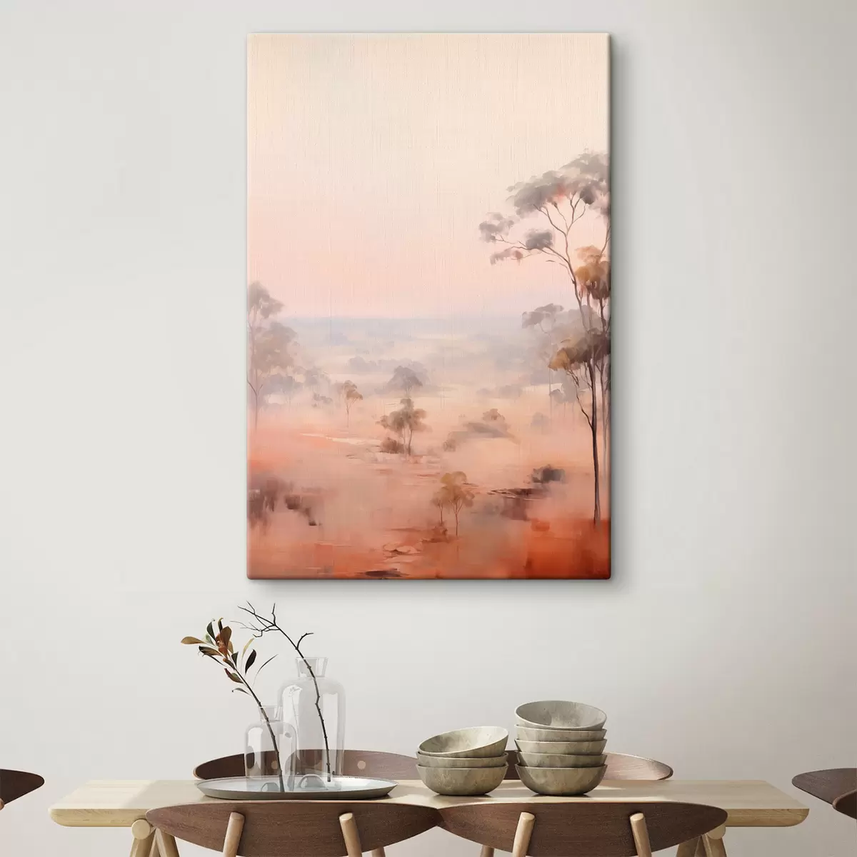  Schilderijen Een landschap met struiken en bomen in pasteltinten roze , oranje en bruin , met bergen op de achtergrond s45554