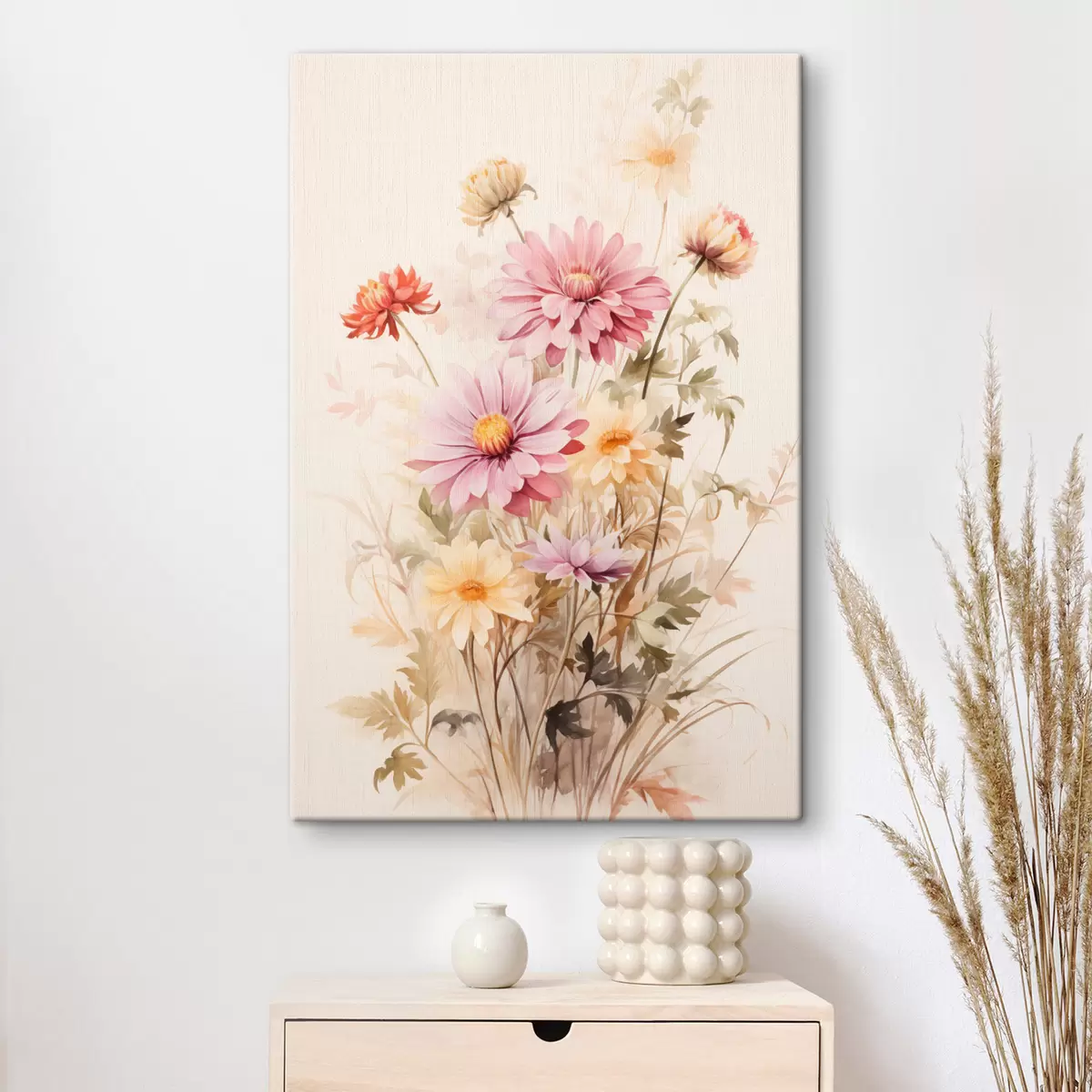  Schilderijen Een boeket kleurrijke bloemen, zachte aquarel stijl, op een lichte achtergrond, botanische illustratie  s45560