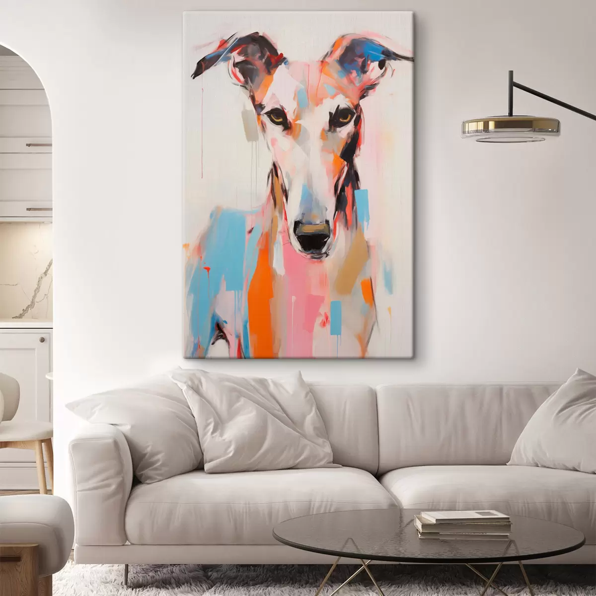 Schilderijen Een windhond, beschilderd met levendige kleuren zoals oranje, roze en blauw, tegen een effen witte achtergrond s45565
