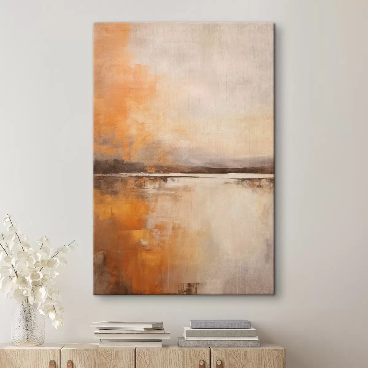  Schilderijen Een abstract landschap met textuur in oranje, bruine en beige tinten s45568