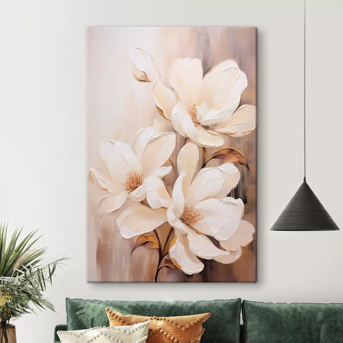  Schilderijen Witte magnolia bloemen tegen een zachte, onscherpe achtergrond van beige en bruine tinten, elegante bloemencompositie s45571