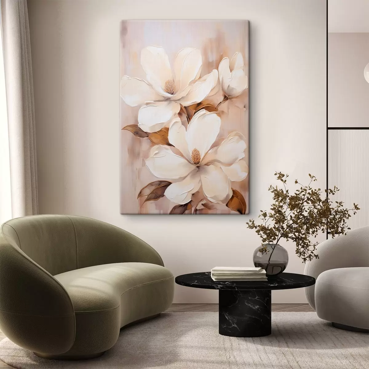  Schilderijen Witte magnoliabloemen tegen een zachte, onscherpe achtergrond van beige en bruine tinten, schilderstijl s45572