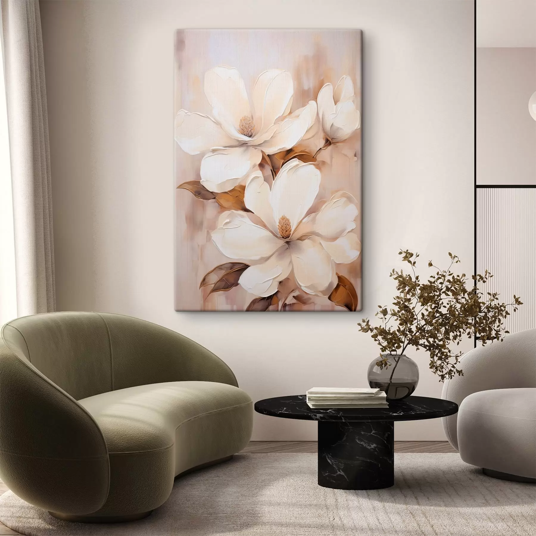  Schilderijen Witte magnoliabloemen tegen een zachte, onscherpe achtergrond van beige en bruine tinten, schilderstijl s45572