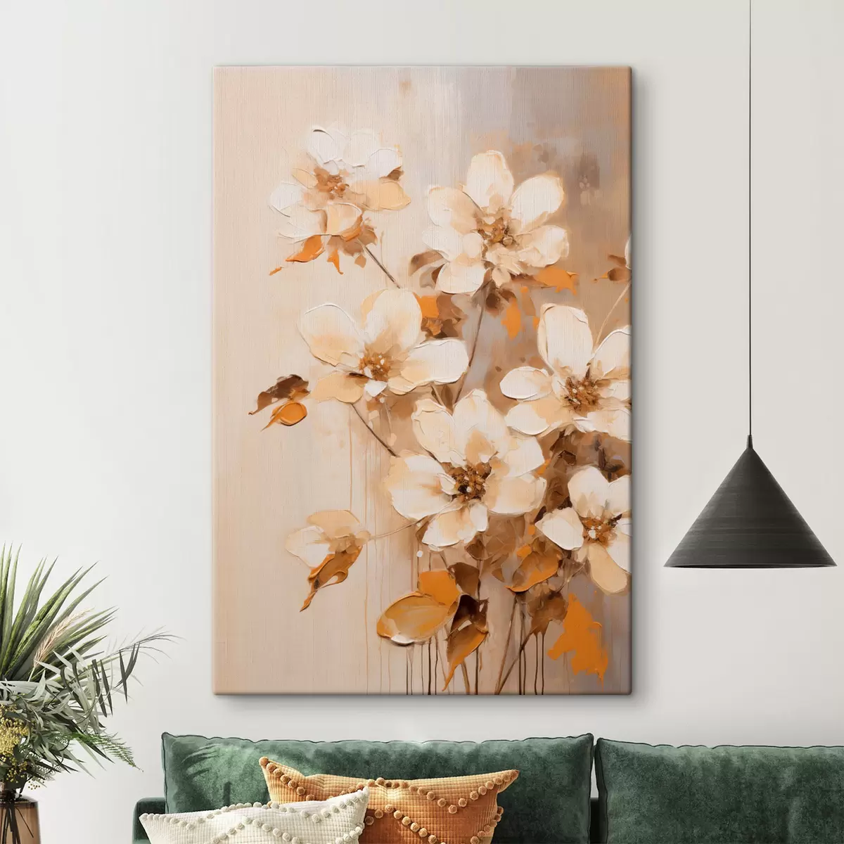  Schilderijen Witte bloemen met oranje bladeren, fijne penseelstreken, bloemstuk, botanische kunst  s45574