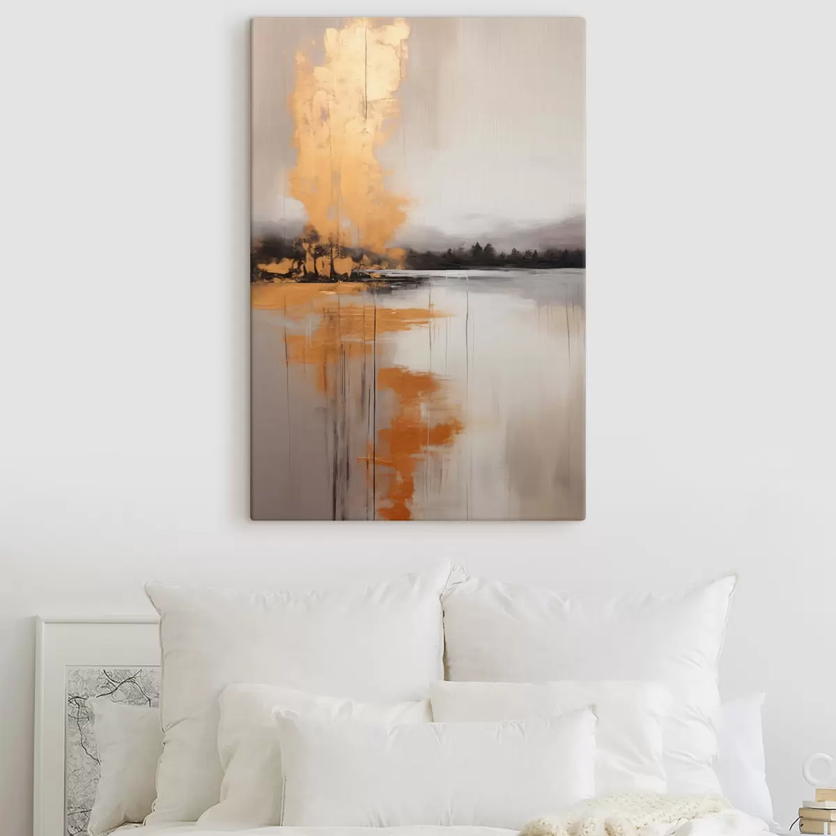 Schilderijen Een abstract landschap met een meer, boom en gele mist, het water weerspiegelt en bewolkte lucht s45575