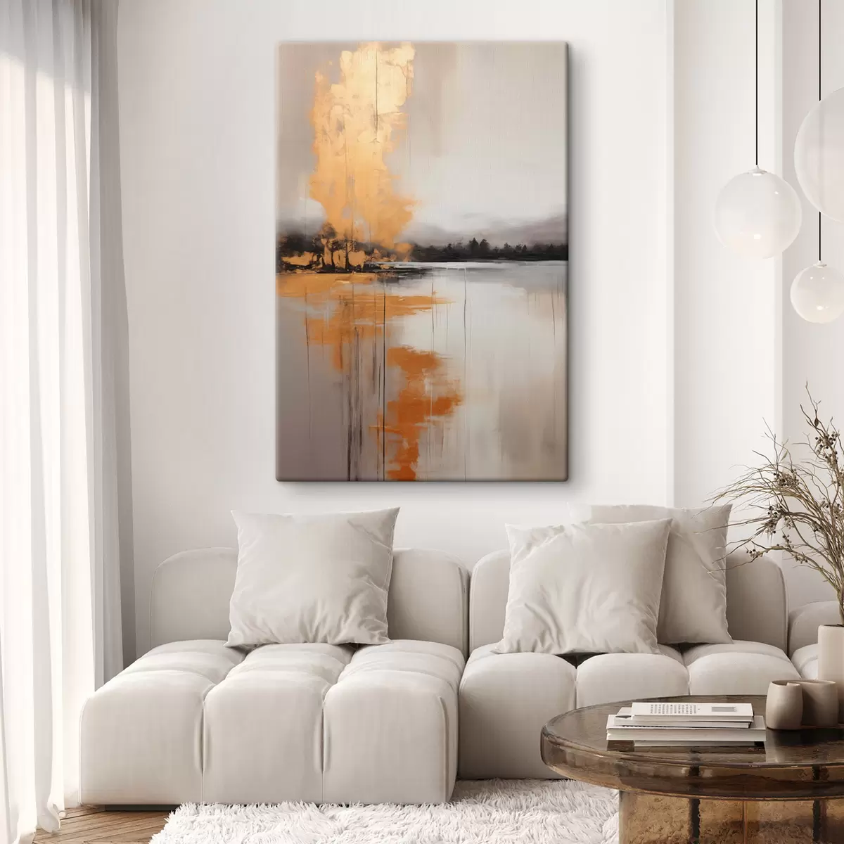  Schilderijen Een abstract landschap met een meer, boom en gele mist, het water weerspiegelt en bewolkte lucht s45575