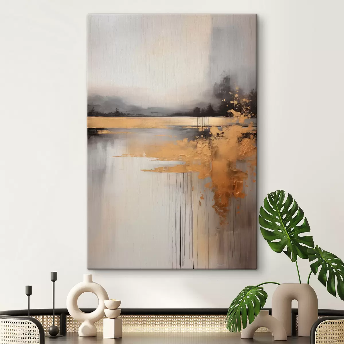  Schilderijen Abstract textuurlandschap met een rivier en donkere bomen op de achtergrond, de lucht is bewolkt s45576