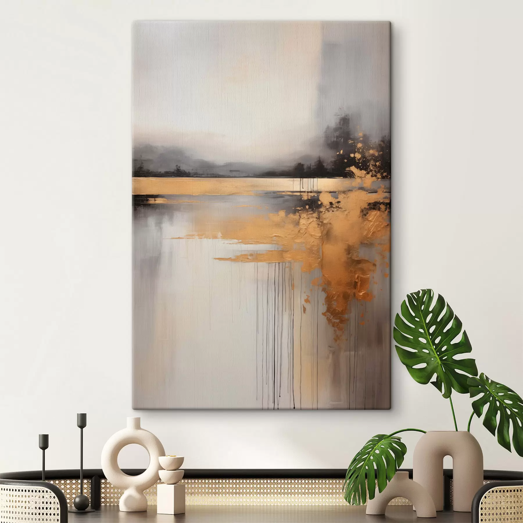  Schilderijen Abstract textuurlandschap met een rivier en donkere bomen op de achtergrond, de lucht is bewolkt s45576