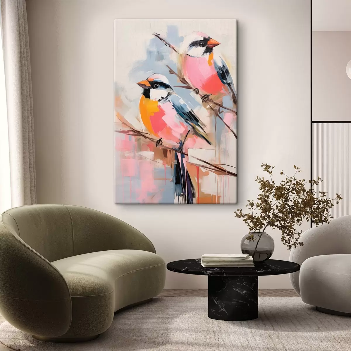  Schilderijen Kleurrijke vogels op een tak tegen een zachte pastelkleurige achtergrond s45578