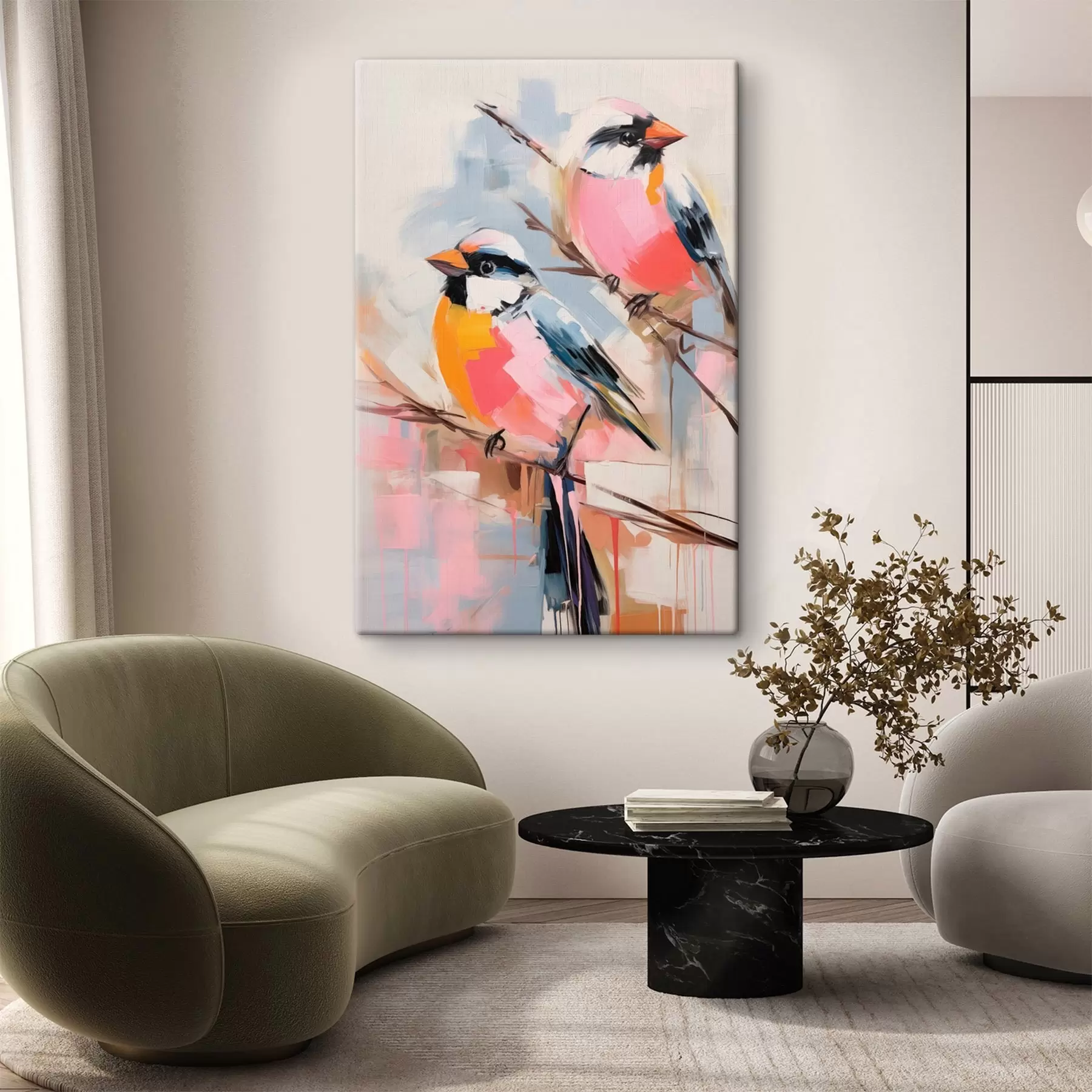  Schilderijen Kleurrijke vogels op een tak tegen een zachte pastelkleurige achtergrond s45578