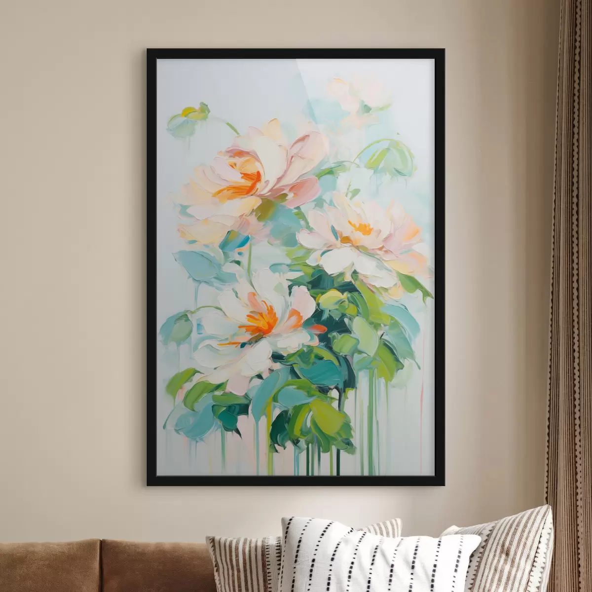 Poster Witte en pastel perzik bloemen, groene bladeren, zachte penseelstreken olieverf imitatie, lichtblauwe achtergrond f45550