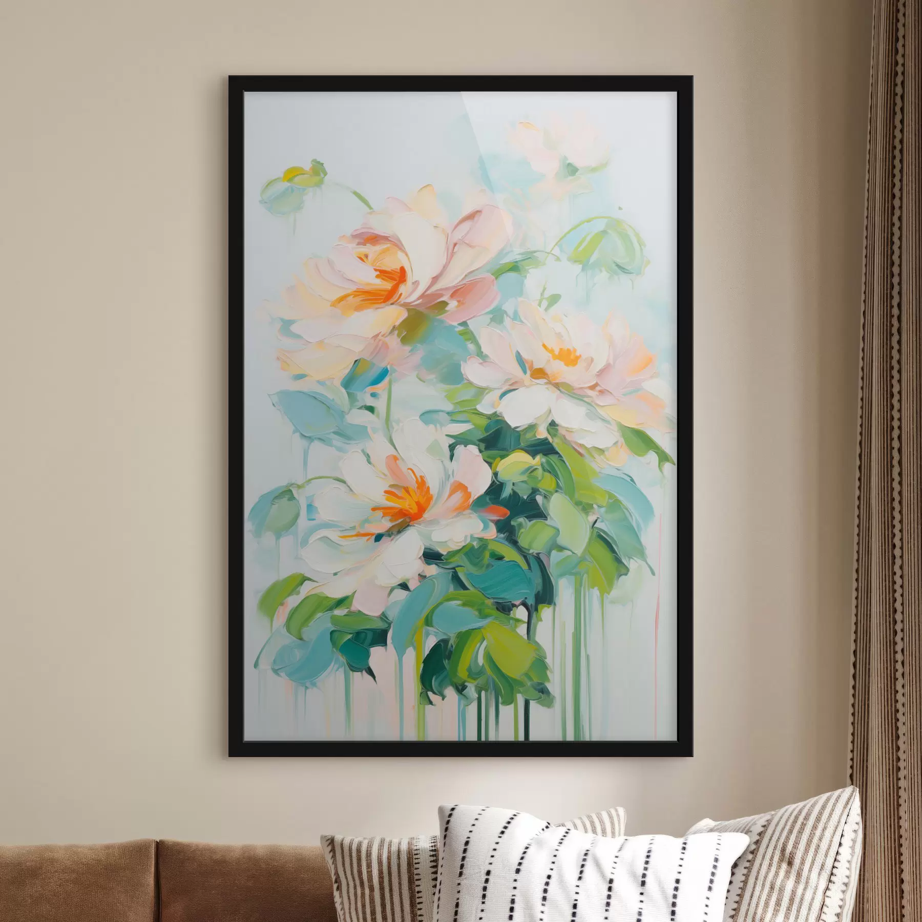 Fotobehang Witte en pastel perzik bloemen, groene bladeren, zachte penseelstreken olieverf imitatie, lichtblauwe achtergrond f45550