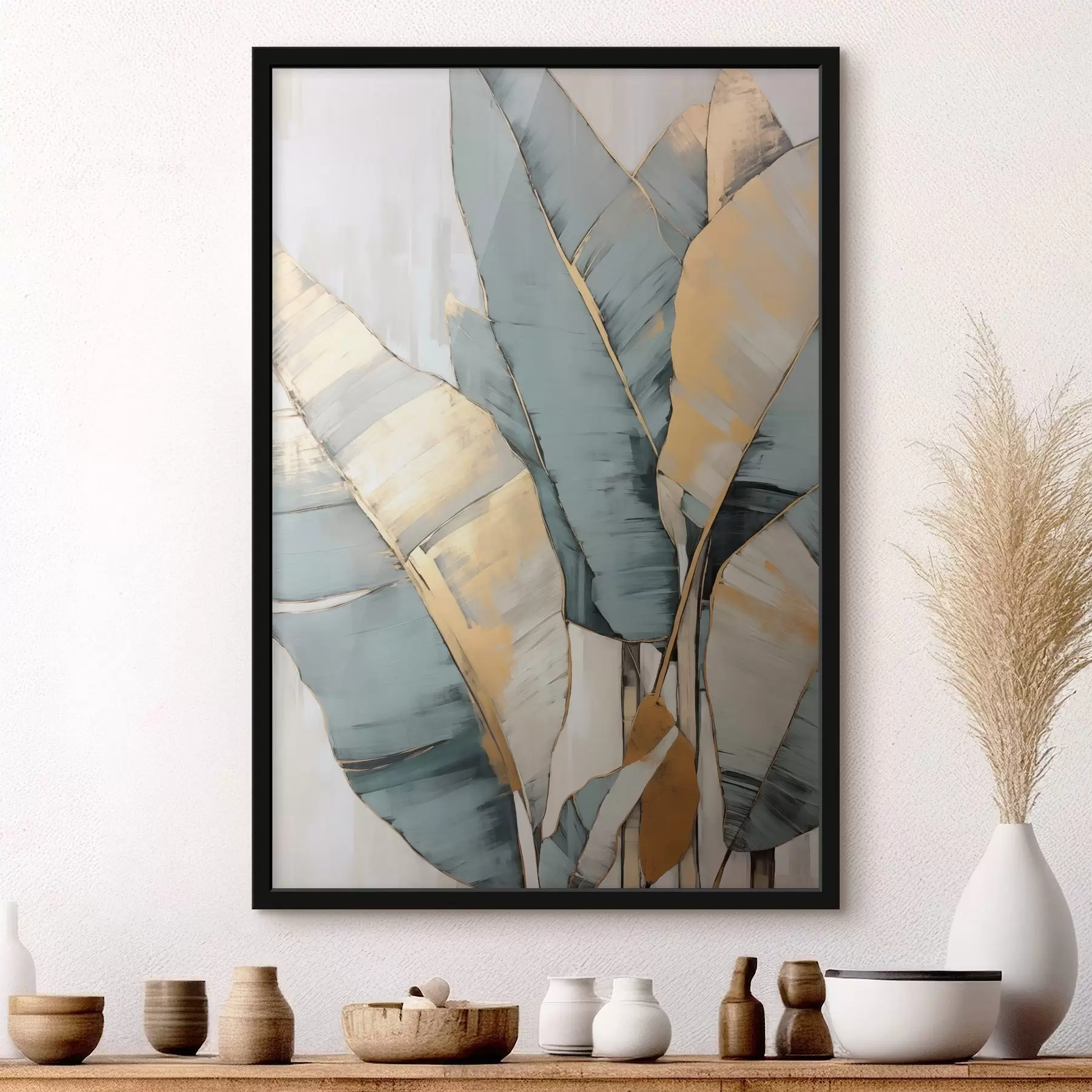 Fotobehang Gedempte blauwe, grijze en gele bananenbladeren met zichtbare penseelstreken, op een witte abstracte achtergrond f45552