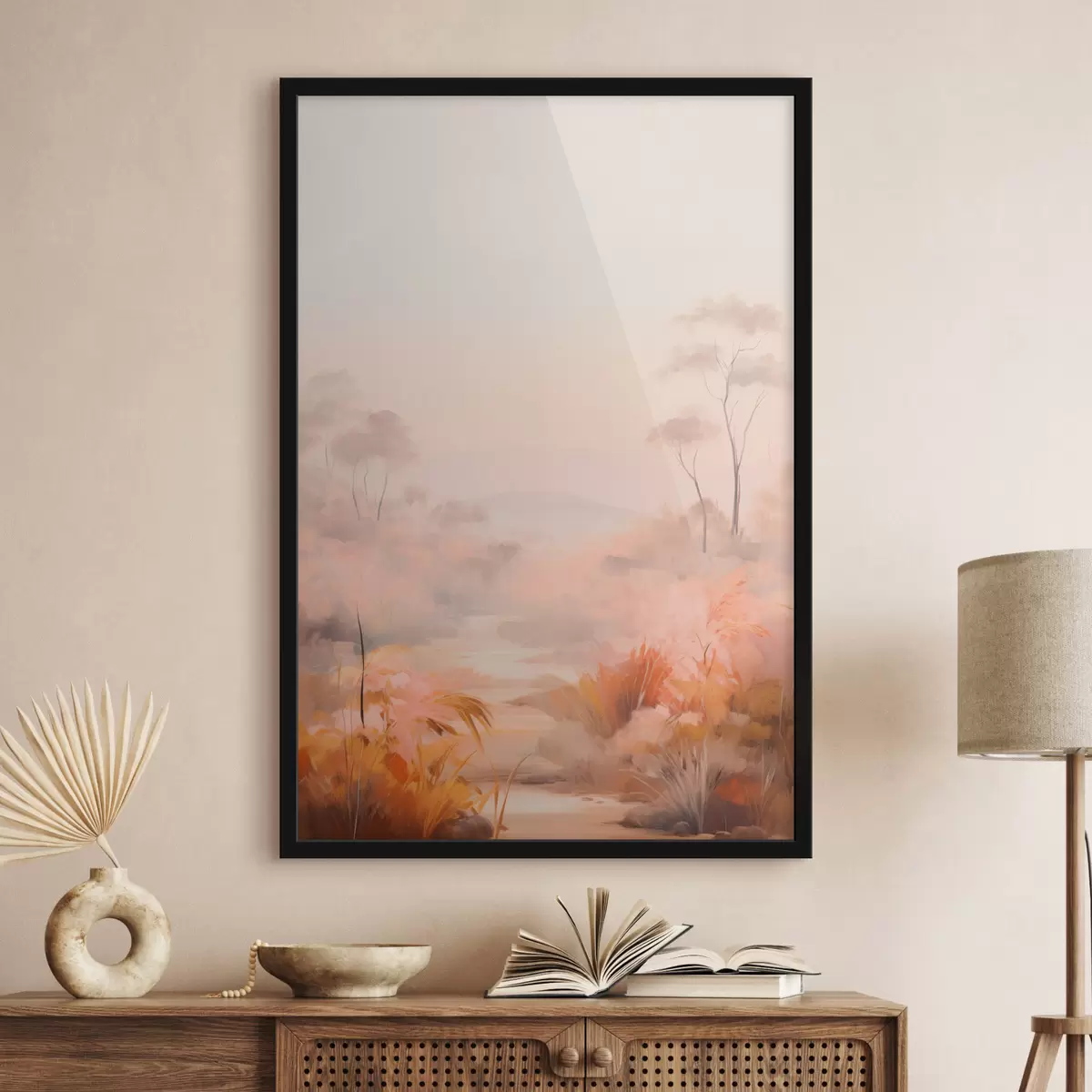Poster Een landschap met struiken en bomen in roze, oranje en bruine tinten, met bergen op de achtergrond f45553