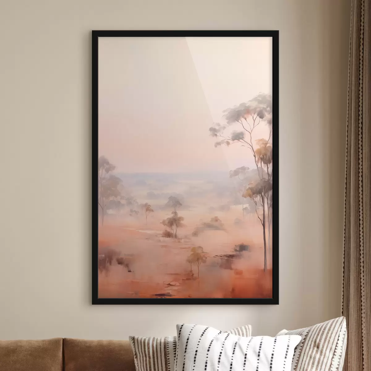 Poster Een landschap met struiken en bomen in pasteltinten roze , oranje en bruin , met bergen op de achtergrond f45554